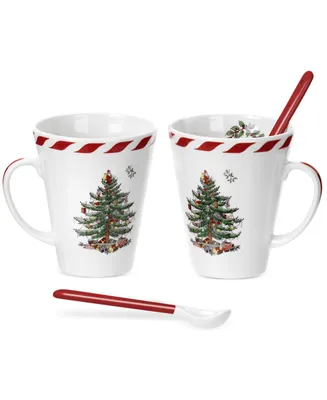 Spode Christmas Tree Peppermint Mugs & Spoons, Set of 2