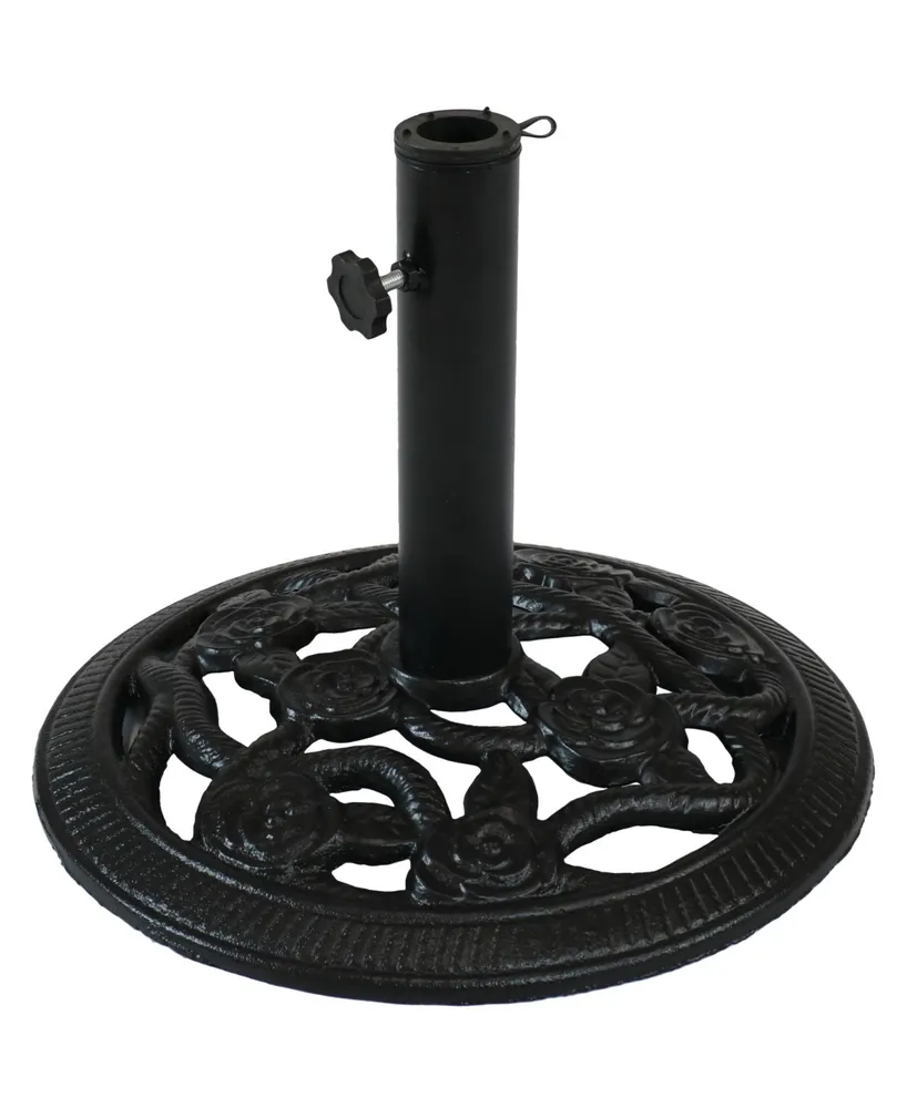 Sunnydaze Decor Outdoor Patio Umbrella Base Stand - Cast Iron Heavy Duty Decorative Rose Blossom Design Black 16-Inch Diameter