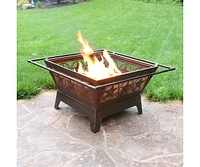 Sunnydaze Decor Northern Galaxy 32-Inch Heavy-Duty Square Fire Pit with Cooking Grill Grate, Spark Screen, and Fireplace Poker