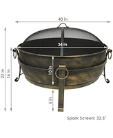 Cauldron Style Outdoor Fire Pit Bowl with Spark Screen, Log Poker, and Wood Grate