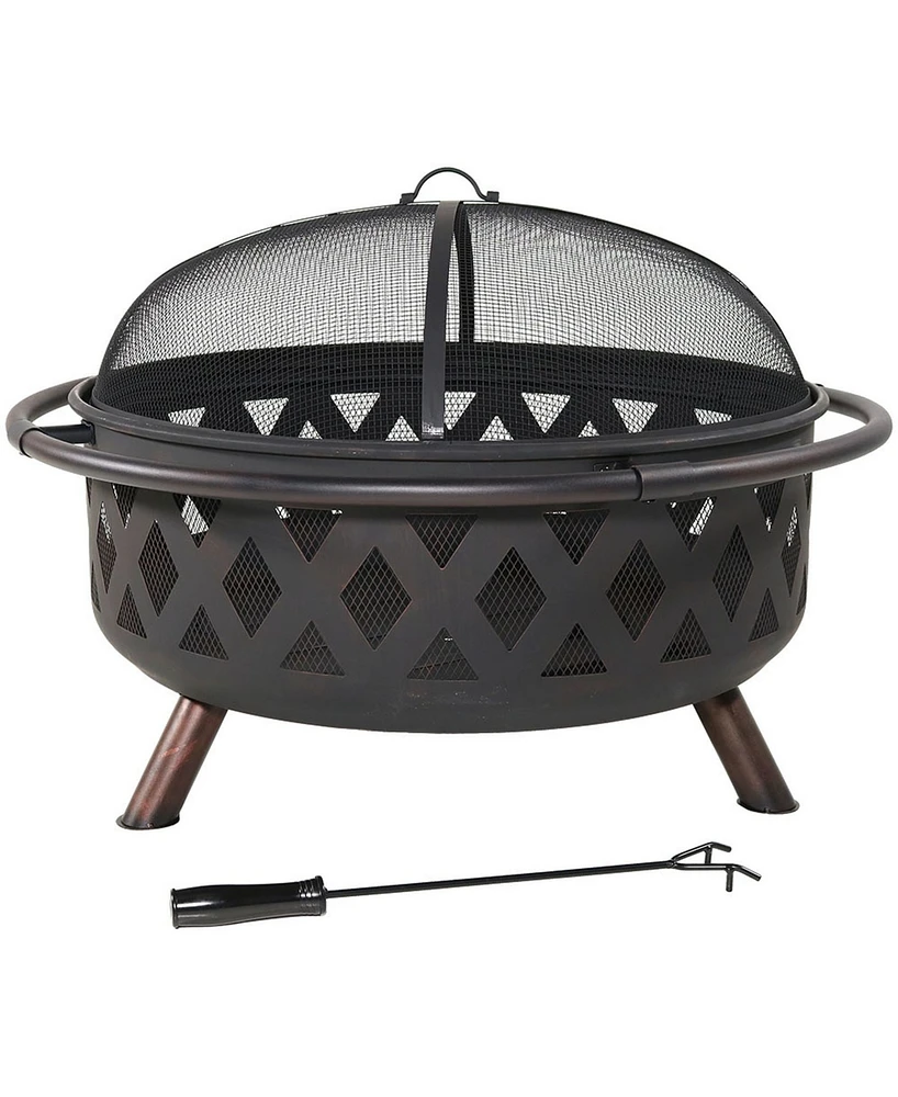 Sunnydaze Decor Black Crossweave Steel Wood-Burning Outdoor Fire Pit - Includes Spark Screen, Poker and Cover - 36-Inch Round