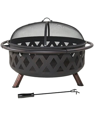 Crossweave Outdoor Fire Pit - Wood-Burning for Outside with Spark Screen, Poker and Round Cover 36-Inch Black