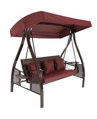 3-Seat Deluxe Patio Swing with Steel Frame and Canopy - 600-Pound Weight Capacity - Maroon Cushions Included