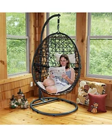 Sunnydaze Decor Caroline Hanging Egg Chair Swing with Steel Stand Set - Resin Wicker Basket Frame Includes Beige Cushions