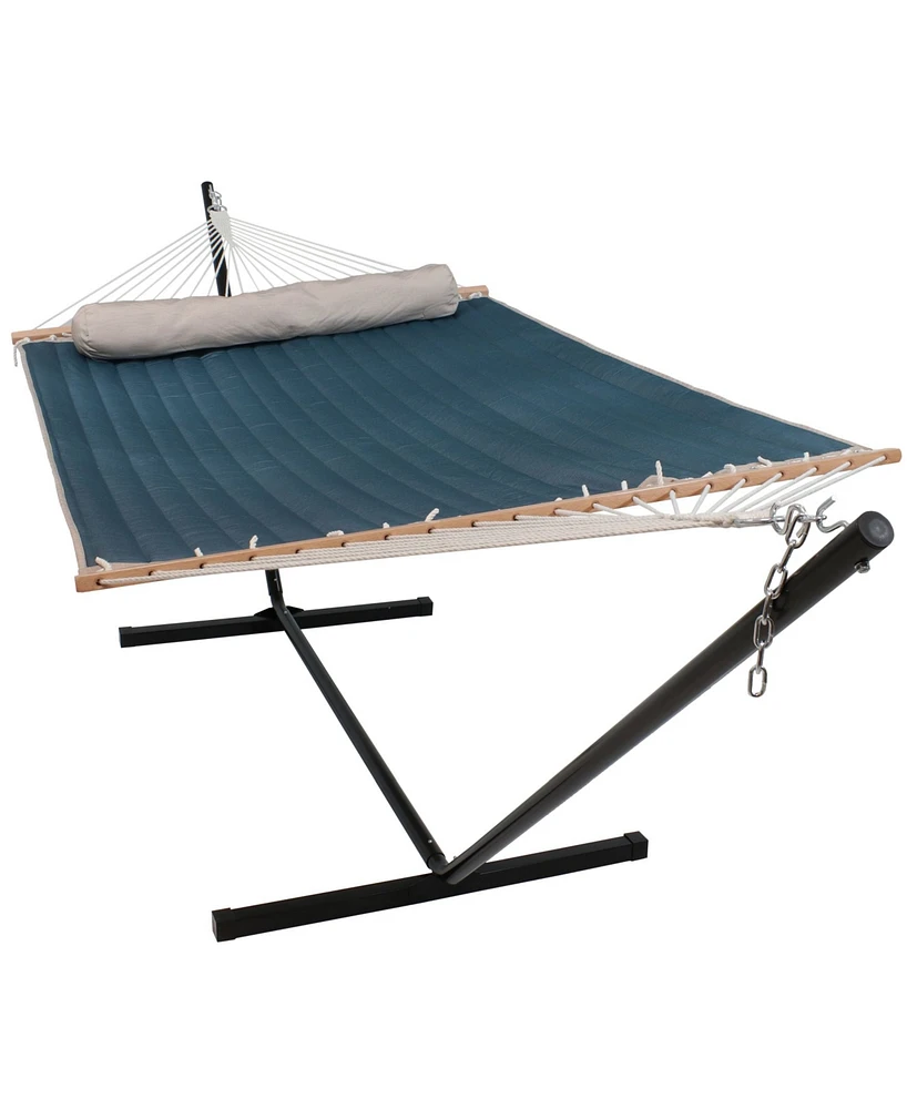 Sunnydaze Decor Double Quilted Fabric Hammock with Stand and Pillow - 350 Pound Capacity - Black Stand - Tidal Wave