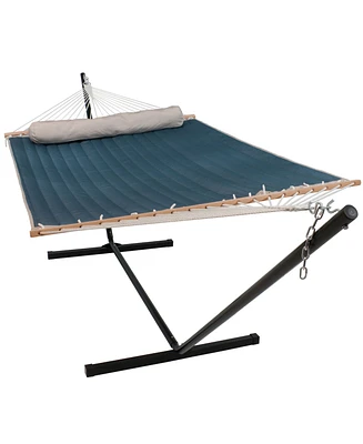 Double Quilted Fabric Hammock with Stand and Pillow - 350 Pound Capacity - Black Stand - Tidal Wave