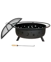 Sunnydaze Decor Cosmic 42-Inch Wood-Burning Steel Fire Pit with Round Spark Screen, Poker, and Built-In Grate - Rust Patina