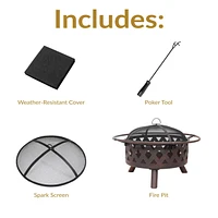 Crossweave Outdoor Fire Pit - Wood-Burning Fire Pit for Outside with Spark Screen, Poker and Round Cover - 30-Inch - Bronze