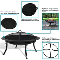 Sunnydaze Decor 29-Inch Portable Fire Pit Bowl with Spark Screen, Fireplace Poker, Folding Stand, and Carrying Case Cover
