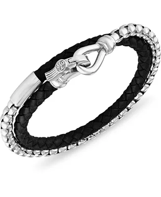 Esquire Men's Jewelry Black Leather Double Wrap Bracelet in Stainless Steel (also in Brown Leather), Created for Macy's