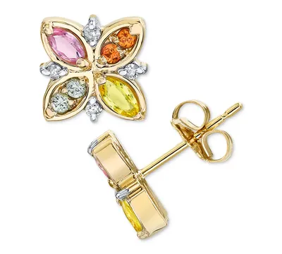 Multi-Sapphire (3/4 ct. t.w.) & Diamond (1/20 ct. t.w.) Flower Stud Earrings in 14k Gold