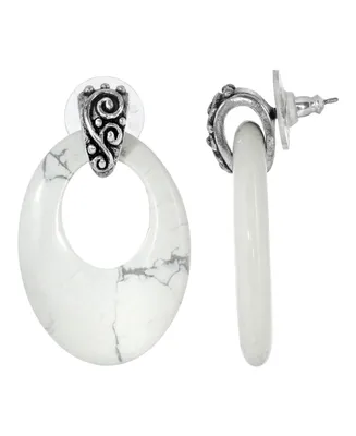 2028 Pewter Semi Precious Oval Howlite Hoop Earrings