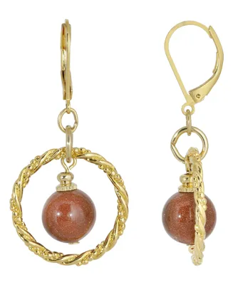 2028 Gold-Tone Genuine Stone Sandstone Round Stone Hoop Earrings