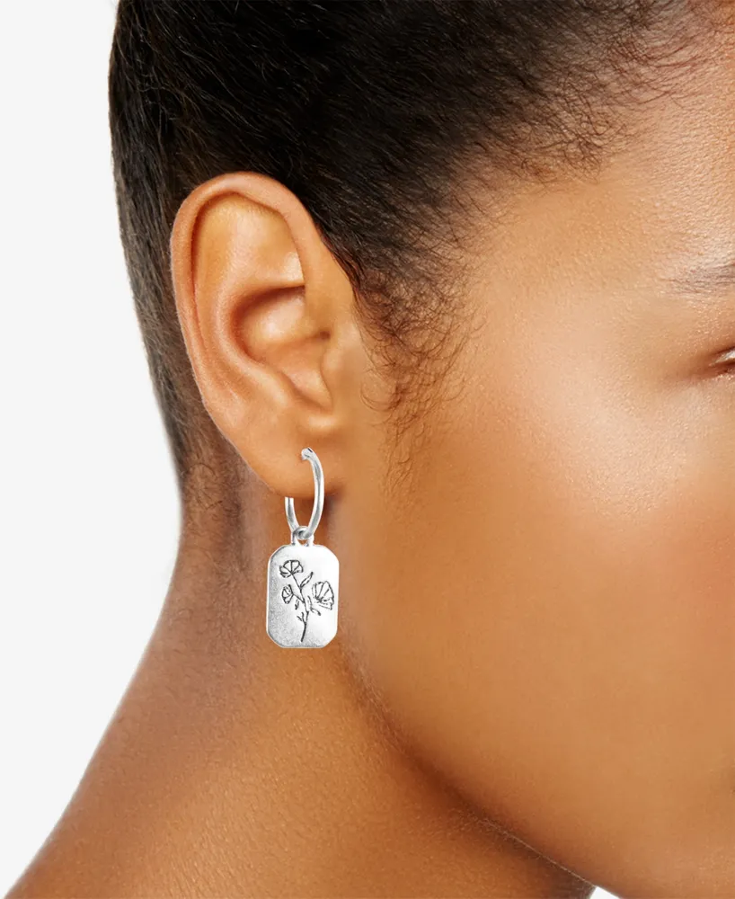 Lucky Brand Silver-Tone Flower Rectangle Charm Hoop Earrings