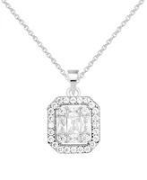 Cubic Zirconia Rectangle Halo Pendant Necklace, 16" + 2" extender in Silver or Gold Plate