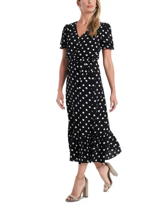 CeCe Women's Short Sleeve Polka-Dot Tie-Waist Midi Dress