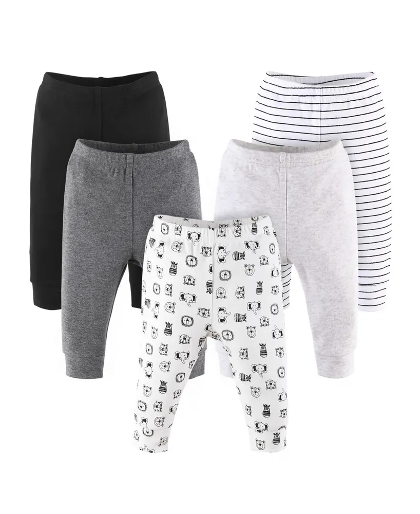 The Peanutshell Baby Boy or Girl Pants Set, 5 Pack, Grey Safari Animals