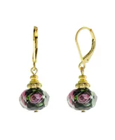 2028 Gold-Tone Black Bead Pink Flower Earring