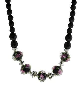 2028 Silver-Tone Black Floral Beaded 15" Adjustable Necklace