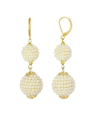 2028 Gold-Tone Double Seeded Imitation Pearl Drop Ball Earrings