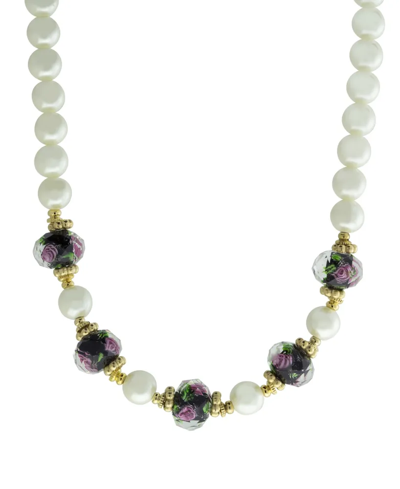 2028 Gold-Tone Imitation Pearl and Black Floral Beaded 15" Adjustable Necklace