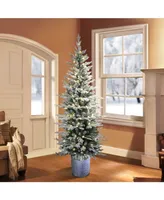 Puleo 7.5" Pre-Lit Potted Flocked Arctic Fir Pencil Artificial Christmas Tree