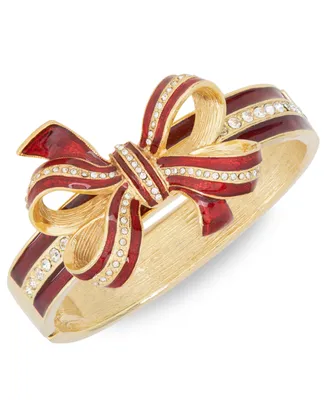 Holiday Lane Gold-Tone Pave & Glitter Red Tied-Bow Bangle Bracelet, Created for Macy's