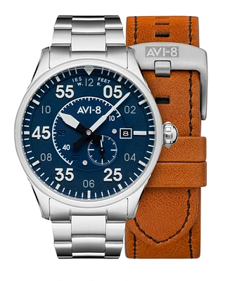 Avi-8 Men's Spitfire Silver-Tone Solid Stainless Steel Bracelet and Brown Genuine Leather Strap Watch, 42mm - Silver