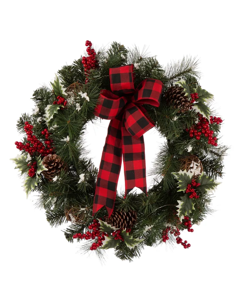 Glitzhome Led Pre-Lit Greenery Buffalo Bow Berry Holly Pine Cone Rattan Ornament Wreath