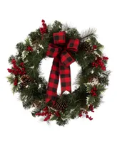 Glitzhome Led Pre-Lit Greenery Buffalo Bow Berry Holly Pine Cone Rattan Ornament Wreath