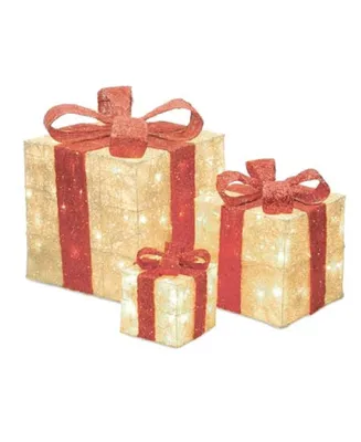 Northlight Sisal Lighted Gi Boxes with Red Bows Outdoor Christmas Decorations