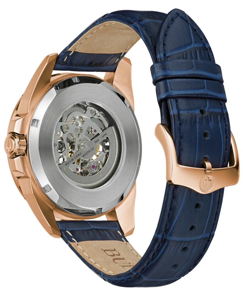 Bulova Men's Automatic Classic Sutton Blue Leather Strap Watch 46mm - Rose Gold