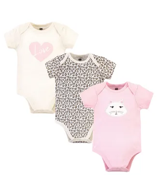 Hudson Baby Infant Girl Cotton Bodysuits 3pk, Pink Kitty
