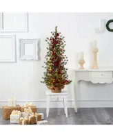 Nearly Natural Berry and Pine Artificial Christmas Tree with 100 Warm Lights and Burlap Wrapped Base