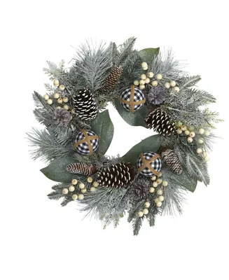 Nearly Natural Snow Tipped Holiday Artificial Wreath with Berries, Pine Cones and Ornaments