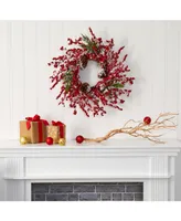 Nearly Natural Frosted Cypress Artificial Wreath with Berries and Pine Cones