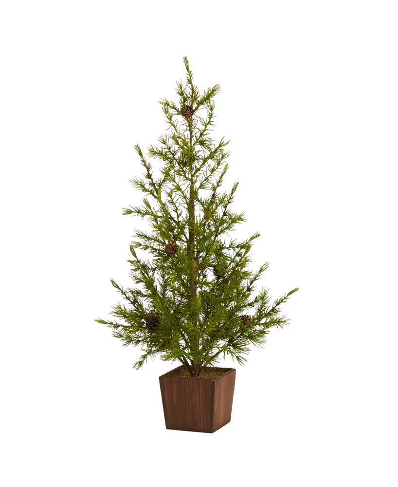 Nearly Natural Alpine "Natural Look" Artificial Christmas Tree in Wood Planter with Pine Cones