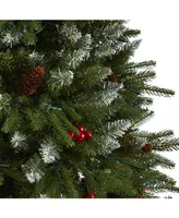 Nearly Natural Snow Tipped Portland Spruce Artificial Christmas Tree with Frosted Berries and Pinecones with 300 Clear Led Lights