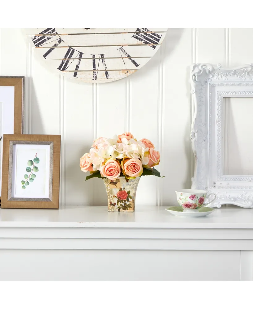 Nearly Natural Rose and Hydrangea Bouquet Artificial Arrangement in Floral Vase