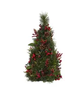 Nearly Natural Mixed Berry and Pine Cone Artificial Christmas Tree with 35 Clear Led Lights