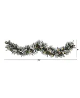 Nearly Natural Flocked Mixed Pine Artificial Christmas Garland with 50 Led Lights, Pine Cones and Berries