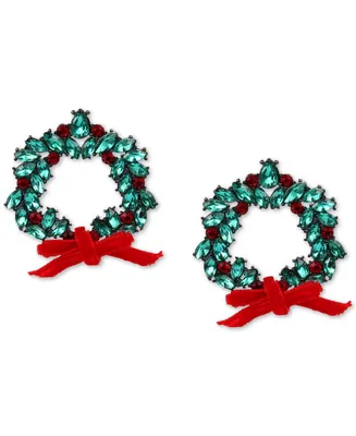 Holiday Lane Hematite-Tone Red & Green Crystal Wreath Drop Earrings, Created for Macy's