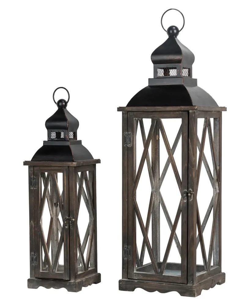 Glitzhome Set of 2  Black Farmhouse Wooden Lanterns With Diamond Window Frame