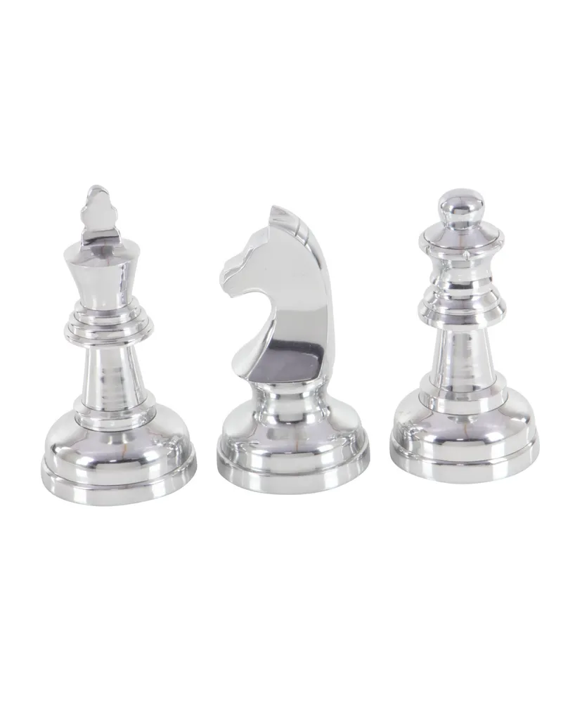 CosmoLiving by Cosmopolitan Set of 3 Silver Aluminum Traditional Chess Sculpture, 4" x 9" - Silver