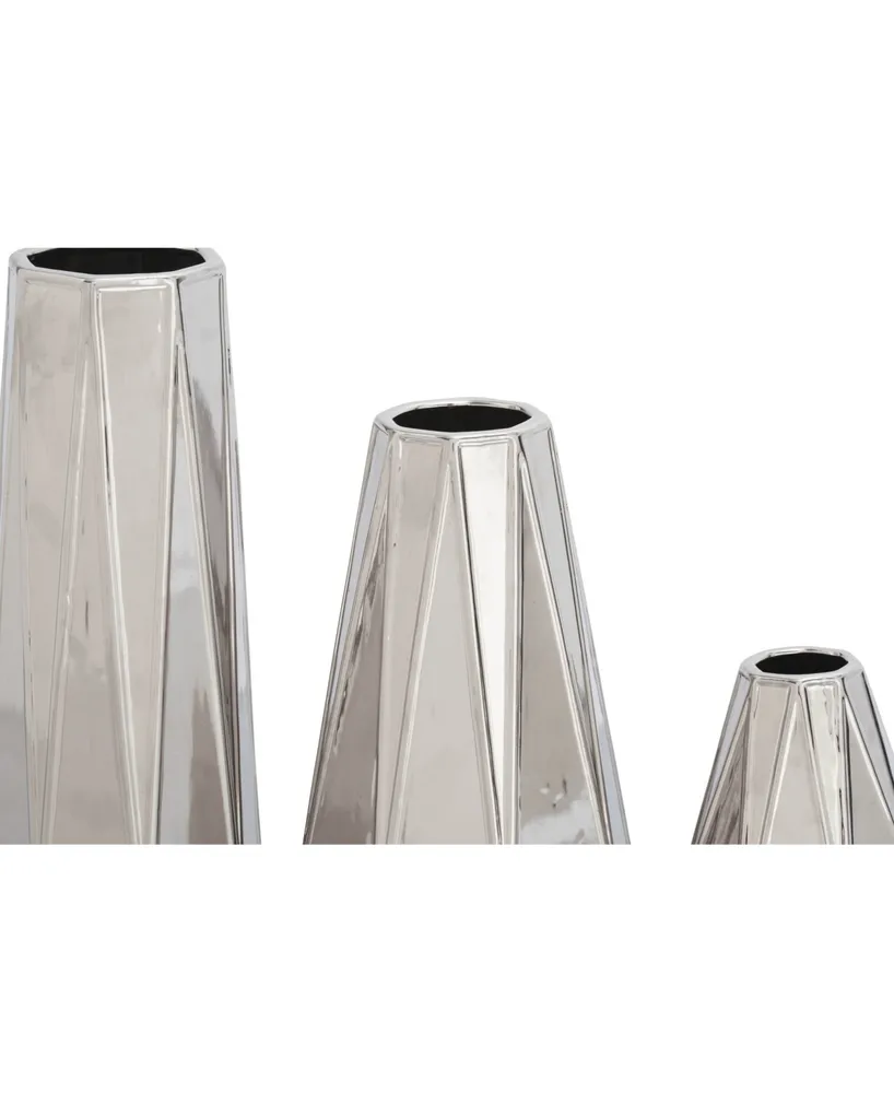 CosmoLiving by Cosmopolitan Set of 3 Silver Stoneware Glam Vase, 7", 11", 15" - Silver