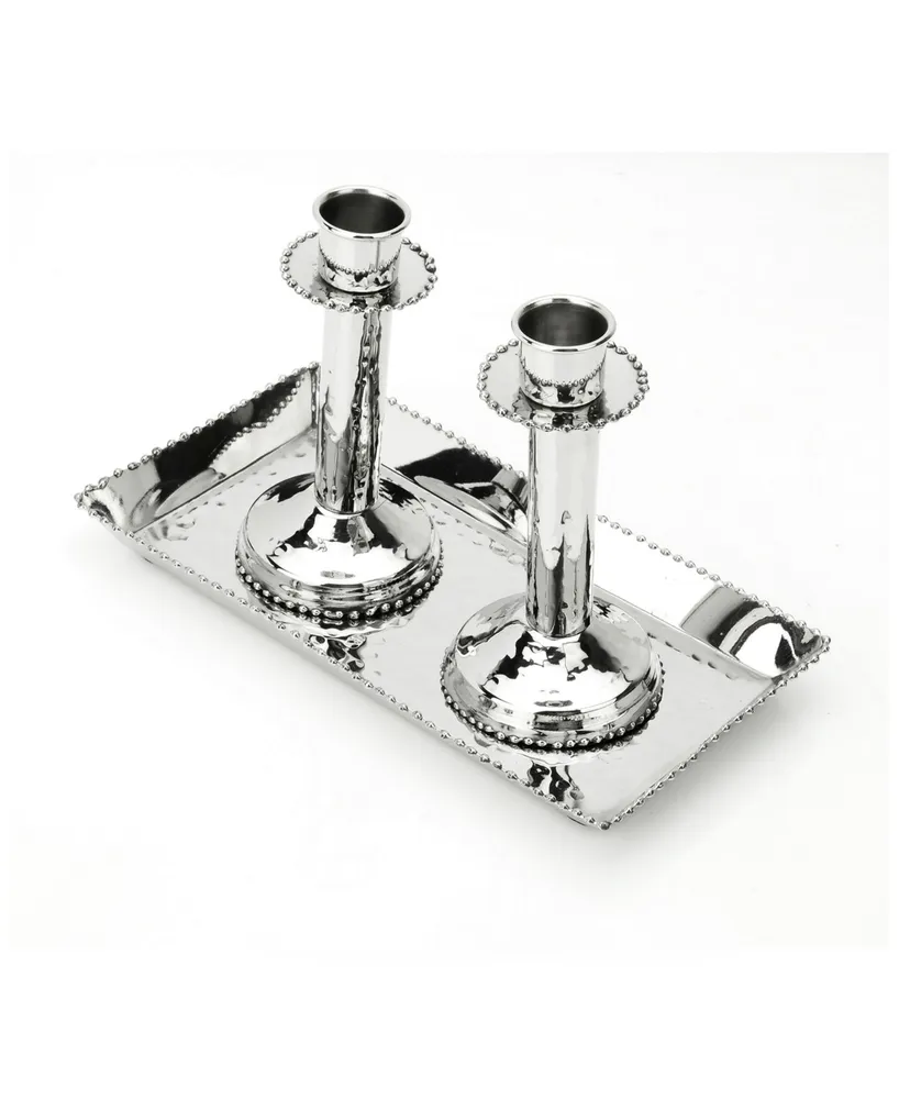 Candlesticks with Tray and Beaded Design, Set of 2 - Silver