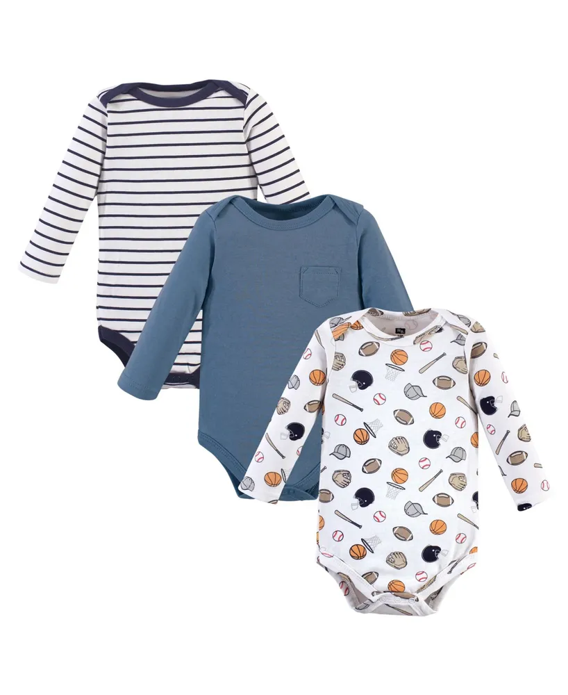Hudson Baby Boys Cotton Long-Sleeve Bodysuits 3pk, Basic Sports, 9-12 Months