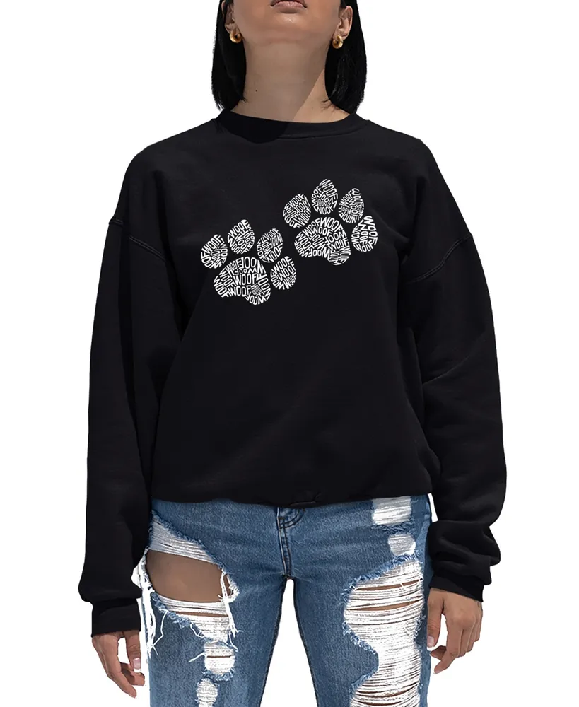 Women's Word Art Crewneck Woof Paw Prints Sweatshirt