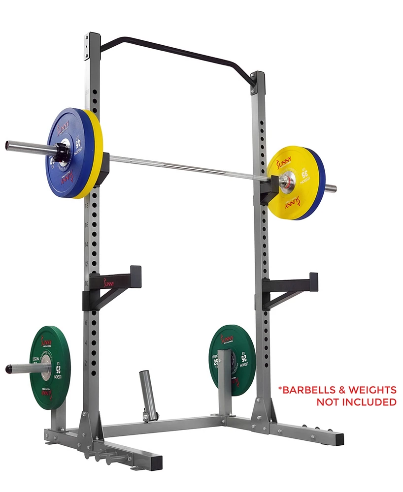 Sunny Health & Fitness Power and Squat Rack with High Weight Capacity, Olympic Weight Plate Storage and 360° Swivel Landmine and Power Band Attac