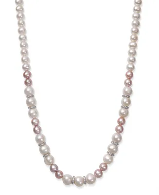 Natural Pink and White Cultured Freshwater Pearl 7-10.5mm Aa Quality and Cubic Zirconia Accent Necklace in Sterling Silver, 18"